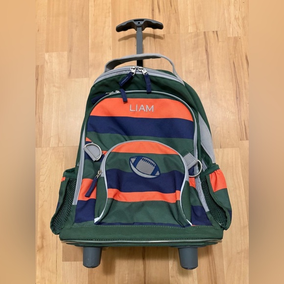 Pottery Barn Kids Other - Pottery Barn Liam Green and Orange Striped Rolling Backpack
